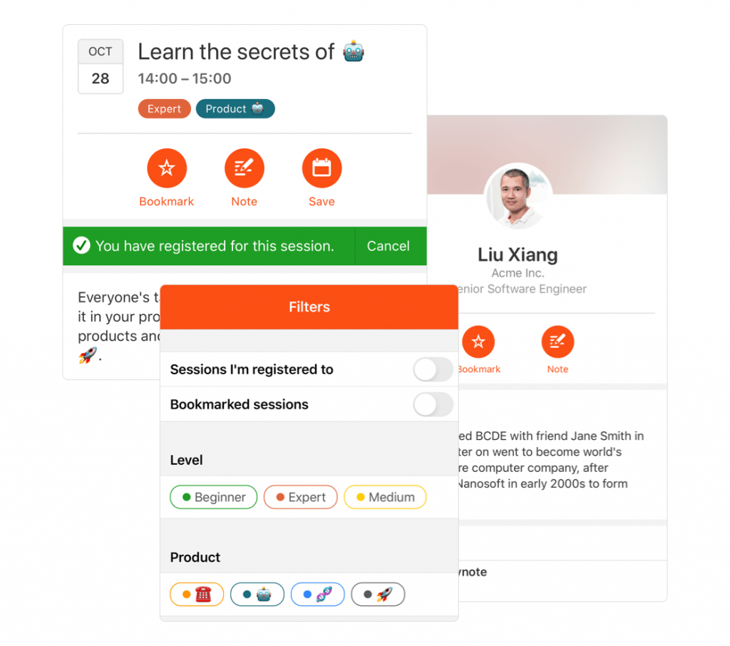 Screenshot of an agenda with registation, app filtering options and speaker profile