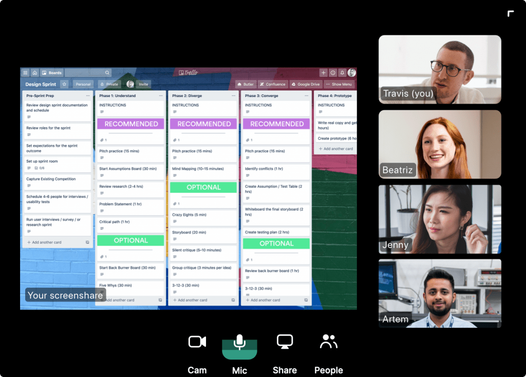 Screen sharing in a virtual workshop