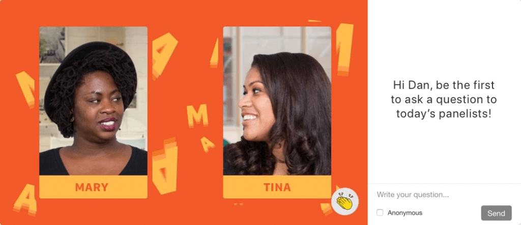 Screenshot of SpotMe live video stream with Q&A and Applause