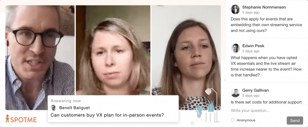 Screenshot of a all-hands virtual events and Q&A questions being asked by participants