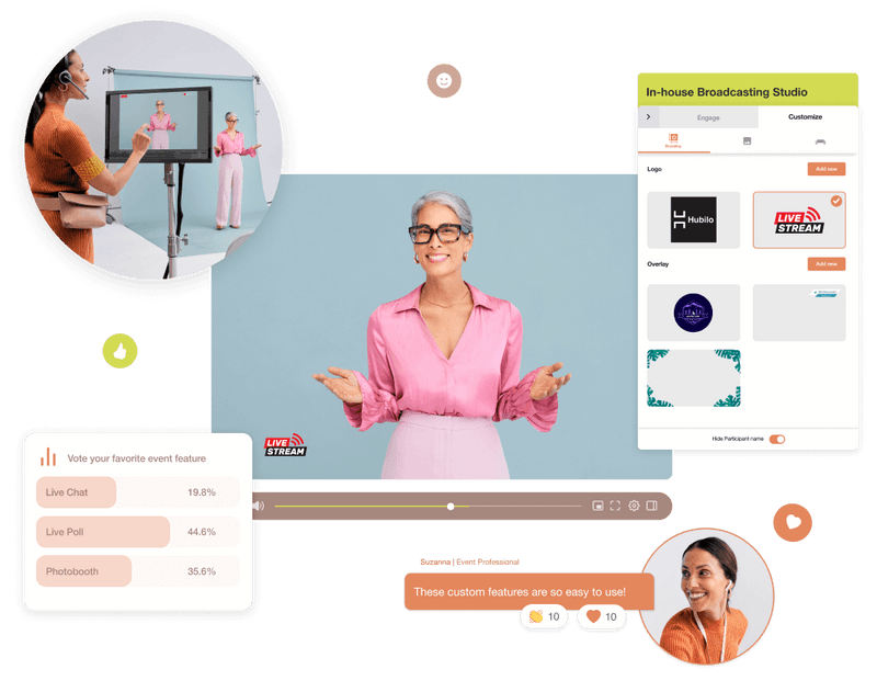 Hubilo's hybrid event platform displayed on desktop and mobile