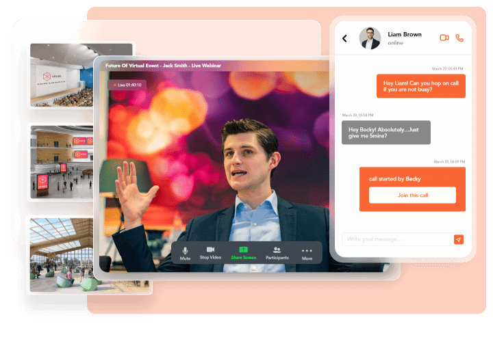 Vfairs' hybrid event platform displayed on desktop and mobile